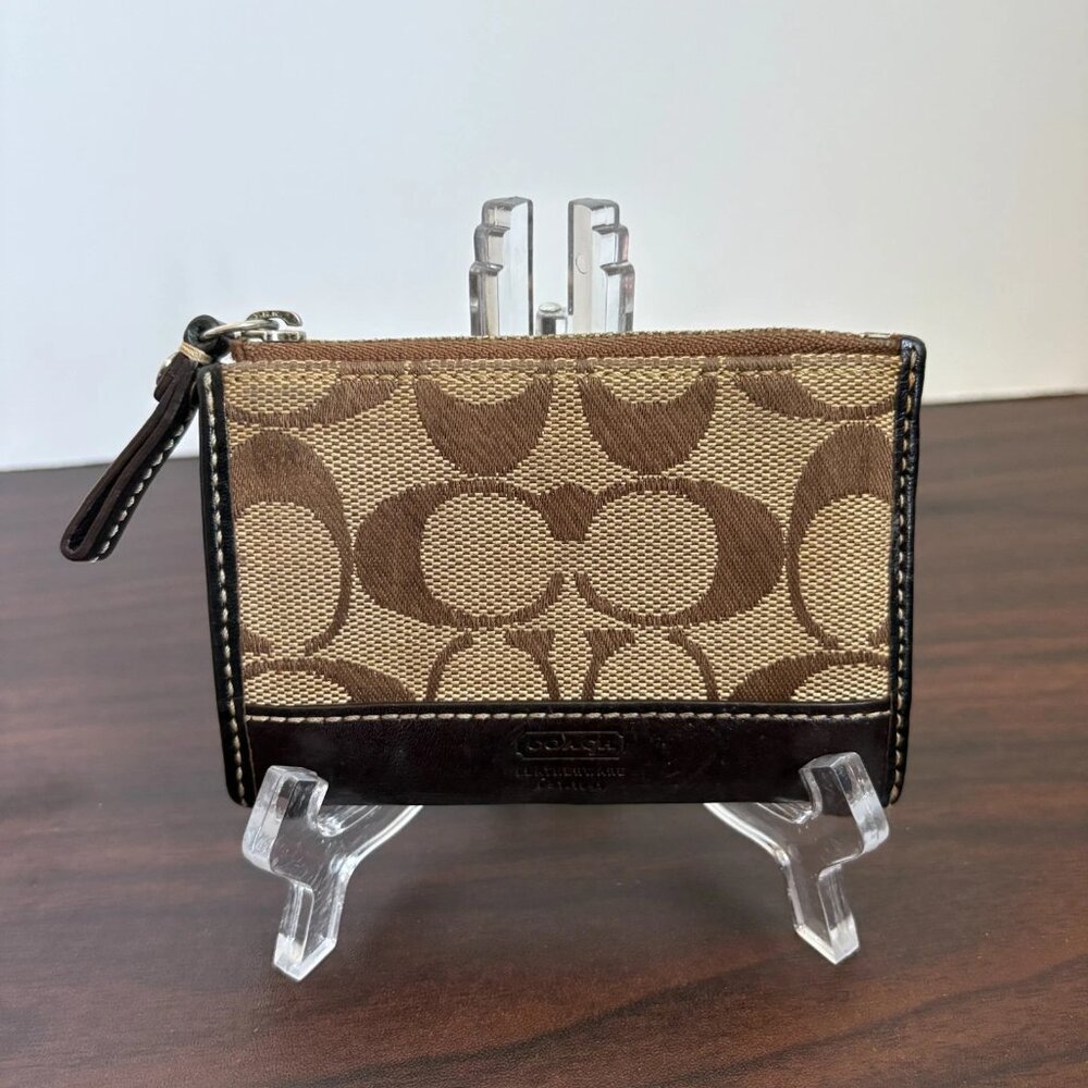 Coach Hampton Signature Mini Skinny ID Card Case Khaki Brown Leather Keychain